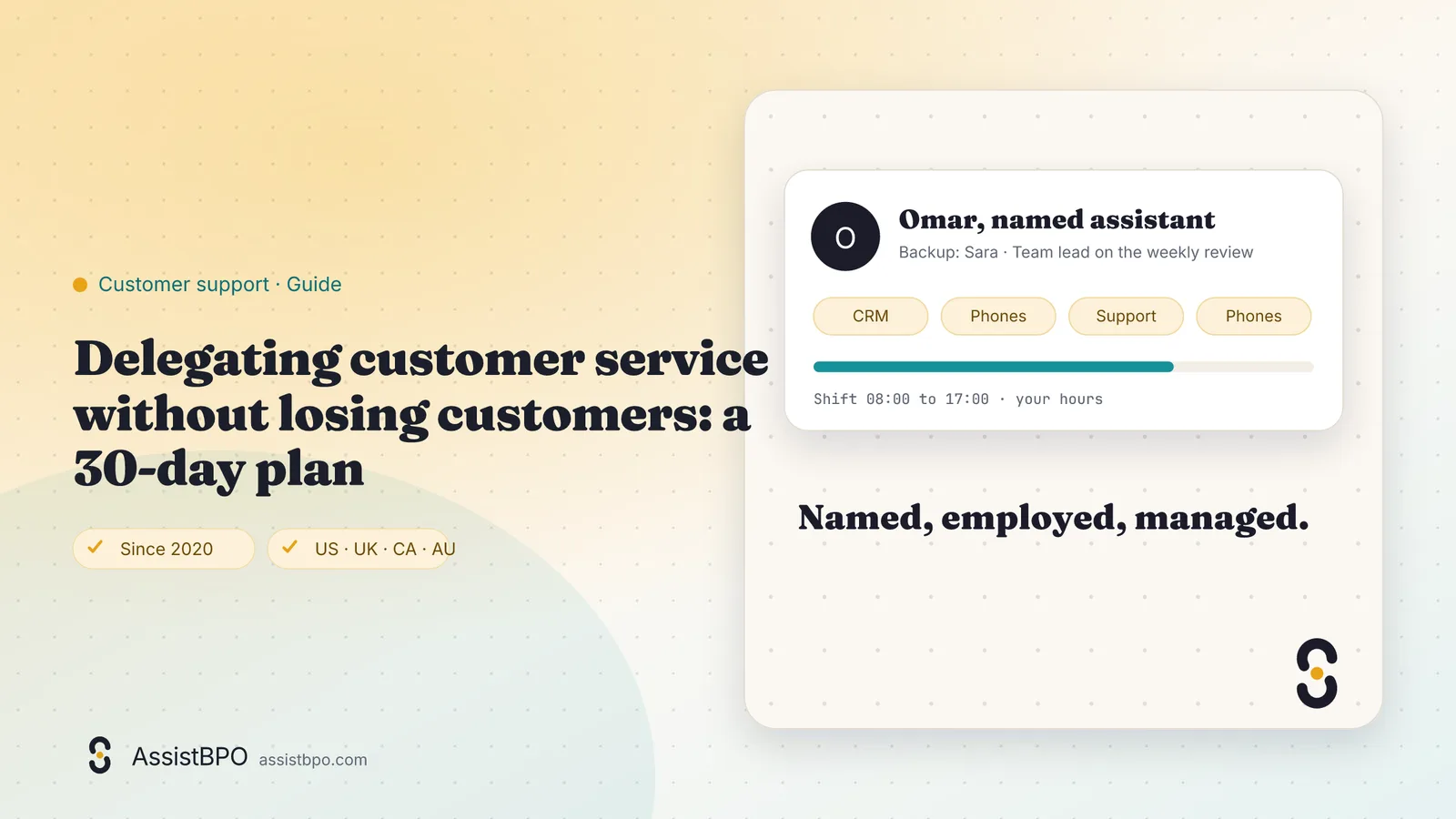 Delegating customer service without losing customers: a 30-day plan: AssistBPO guide cover