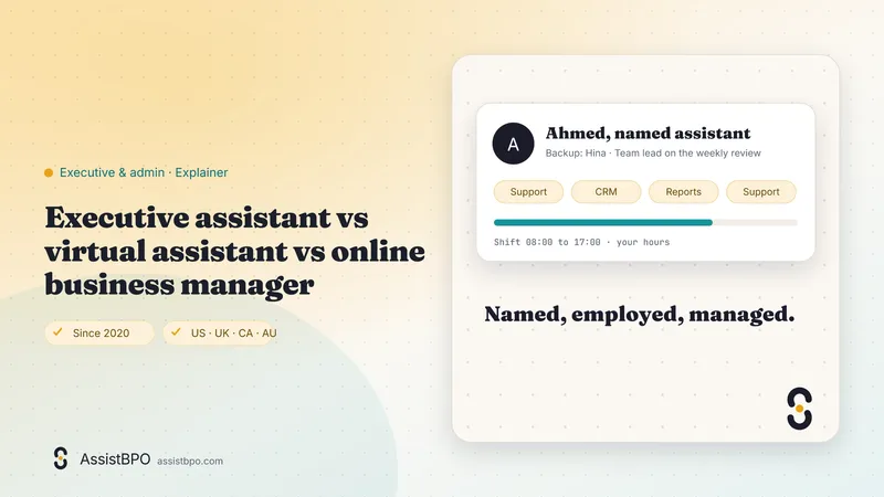 Executive assistant vs virtual assistant vs online business manager: AssistBPO cover graphic