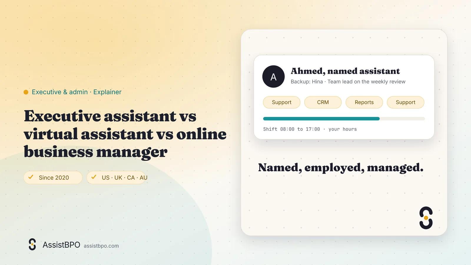 Executive assistant vs virtual assistant vs online business manager: AssistBPO guide cover