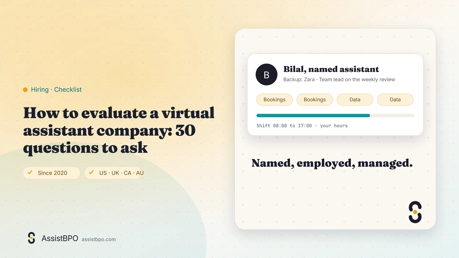 How to evaluate a virtual assistant company: 30 questions to ask: AssistBPO guide cover