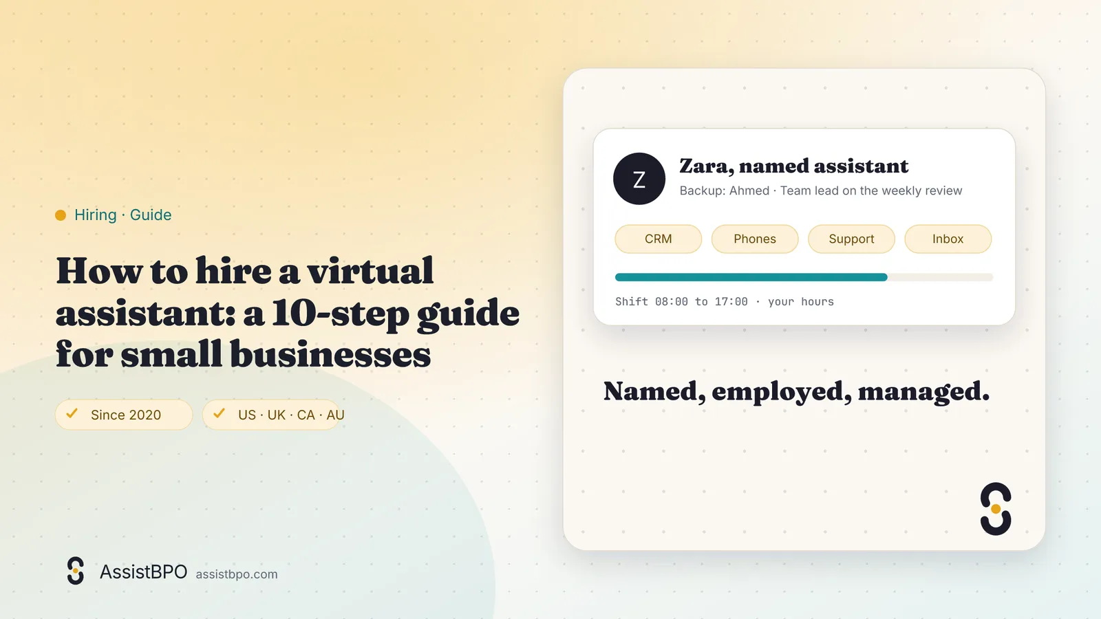 How to hire a virtual assistant: a 10-step guide for small businesses: AssistBPO guide cover