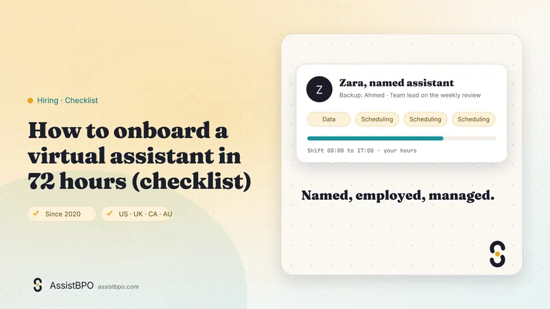 How to onboard a virtual assistant in 72 hours (checklist): AssistBPO cover graphic