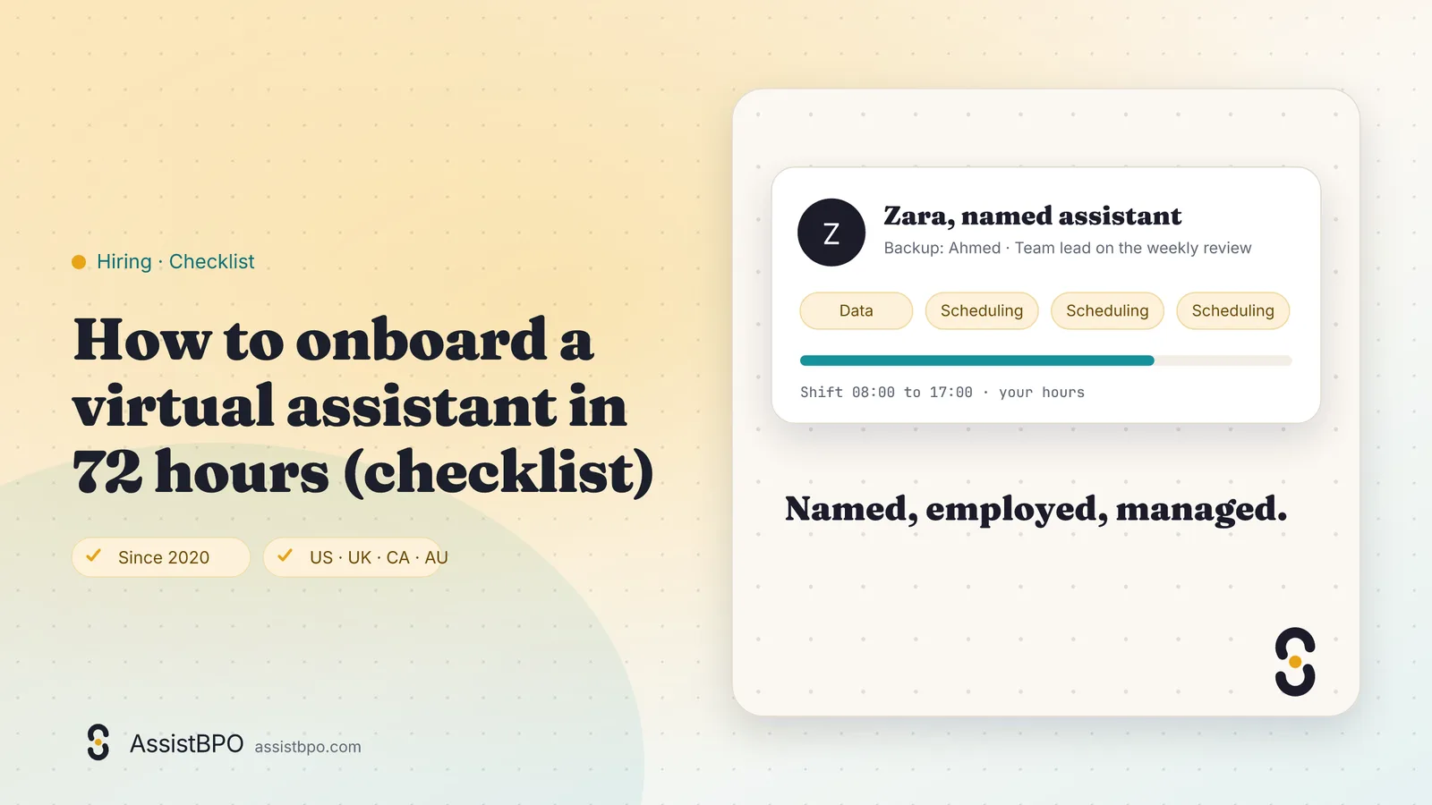 How to onboard a virtual assistant in 72 hours (checklist): AssistBPO guide cover
