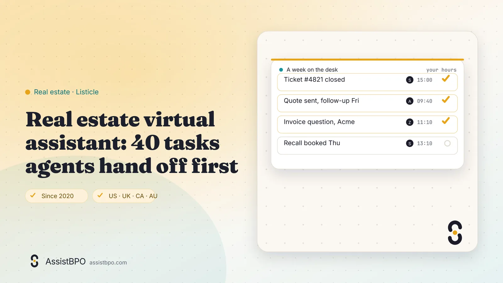 Real estate virtual assistant: 40 tasks agents hand off first: AssistBPO guide cover