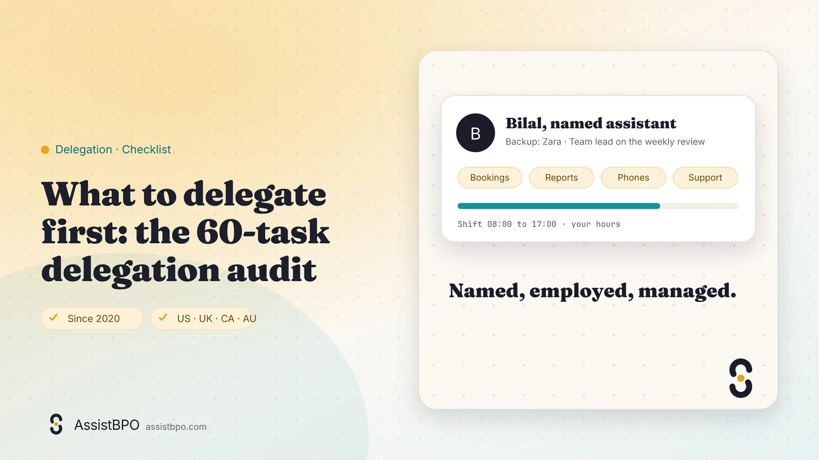 What to delegate first: the 60-task delegation audit: AssistBPO guide cover